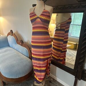 Halter Tie Back Strappy Boho Dress Side Slit Form Fitting Size Medium